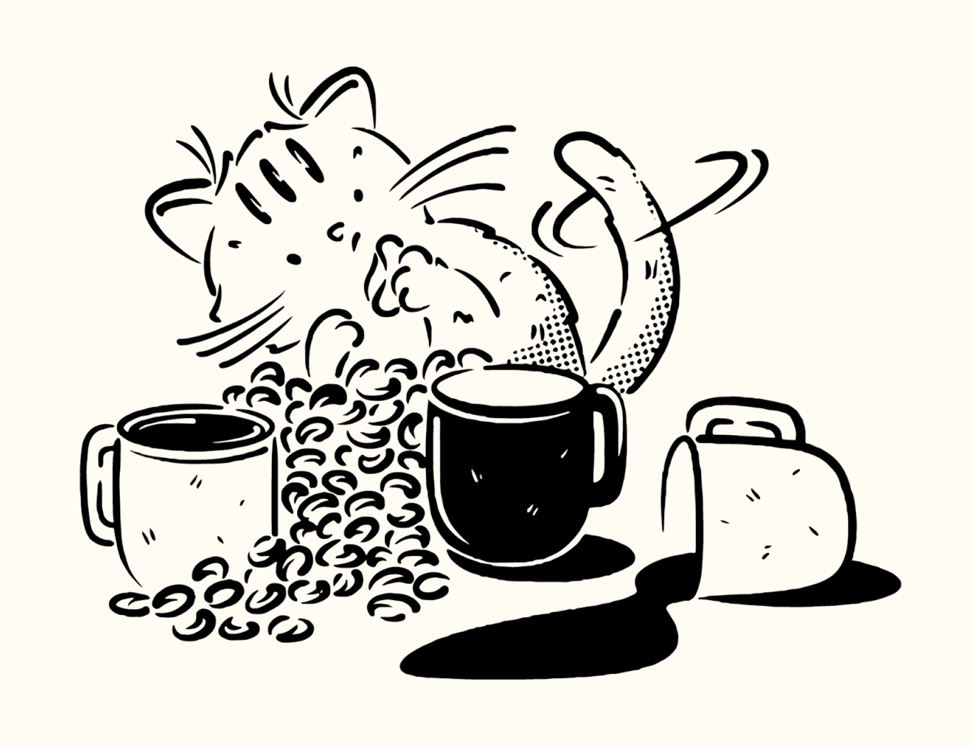 Dopus Coffee illustration of a cat resting on coffee beans with steaming mugs